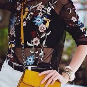 ZARA- embroidered long sleeve mesh shirt